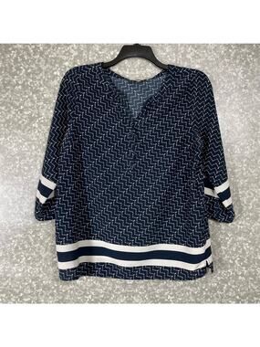 Skies Are Blue Women's Classic Preppy Career Blouse - Size Medium - Blue Pattern